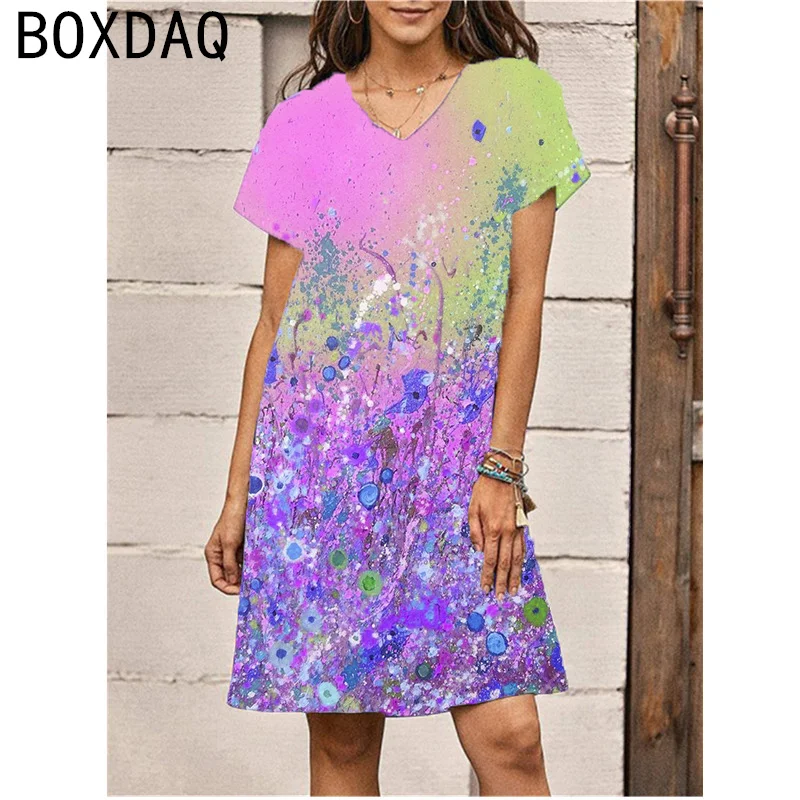 2024 Sommerkleid Mode 3d bunte Blumen Farbverlauf Kleid Frauen Kurzarm V-Ausschnitt elegante Urlaub Strand kleid große Größe Kleider