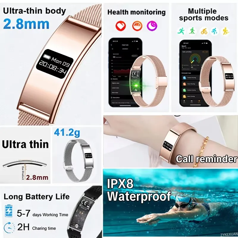 

2026 New Fashion Women Smart Bracelet Sport Fitness Tracker Heart Rate Health Monitoring IPX8 Waterproof Ultra-thin Smart Watch