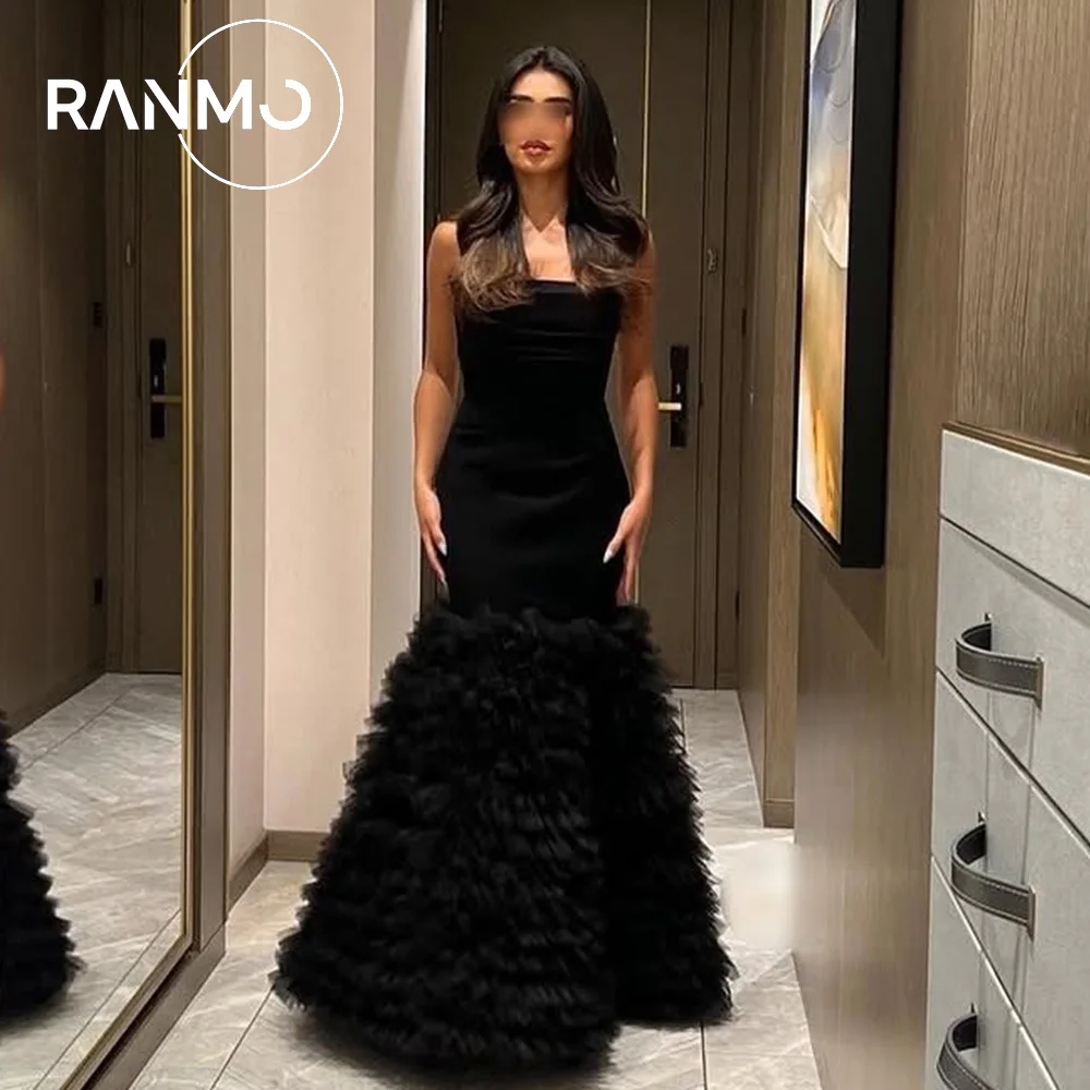 Ranmo-Vestidos De Noche negros personalizados, Vestidos De graduación multicapa De tul, sirena sin tirantes, hombros descubiertos, ajustados, 2026