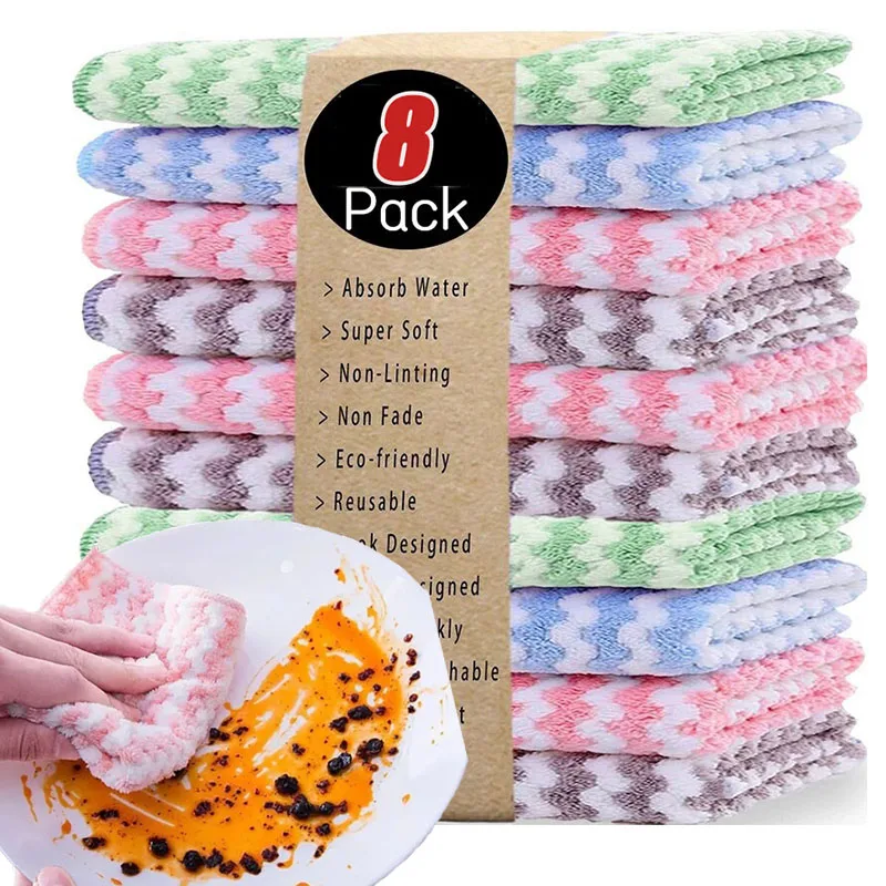 

8/1x Super Absorbent Coral Fleece Dishcloths Kitchen Washing Dish Rags Cleaning Cloths Scouring Pads Glass Windows Wipes Towels