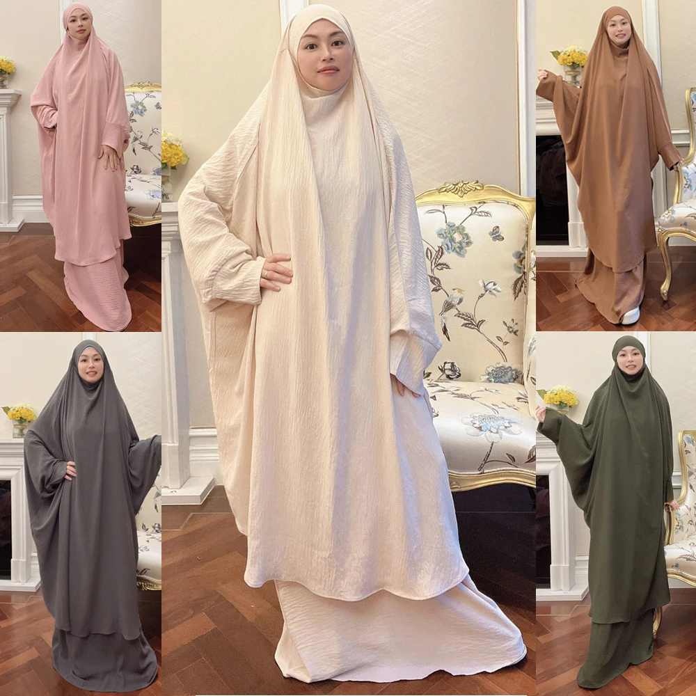 

Overhead Muslim Women Prayer Dress 2 Piece Set Islamic Clothing Khimar Abayas Eid Ramadan Abaya Dubai Turkey Kaftan Garment Robe