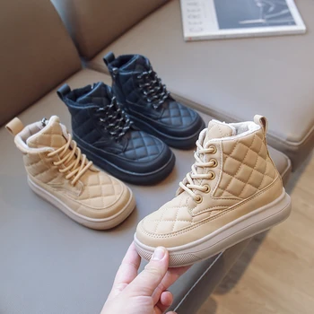 ילדים של מגפי כותנה 2023 חורף סגנון בריטי קטיפה קצר מגפי אור ילדים אופנתי עור מגפי בנים מוצק צבע