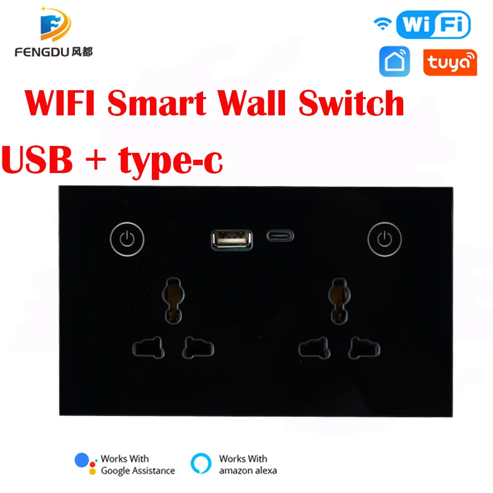

Smart Home WiFi Tuya App Alexa Google Home Voice Type C USB Wall Double Outlet USB Type C Universal Smart Socket