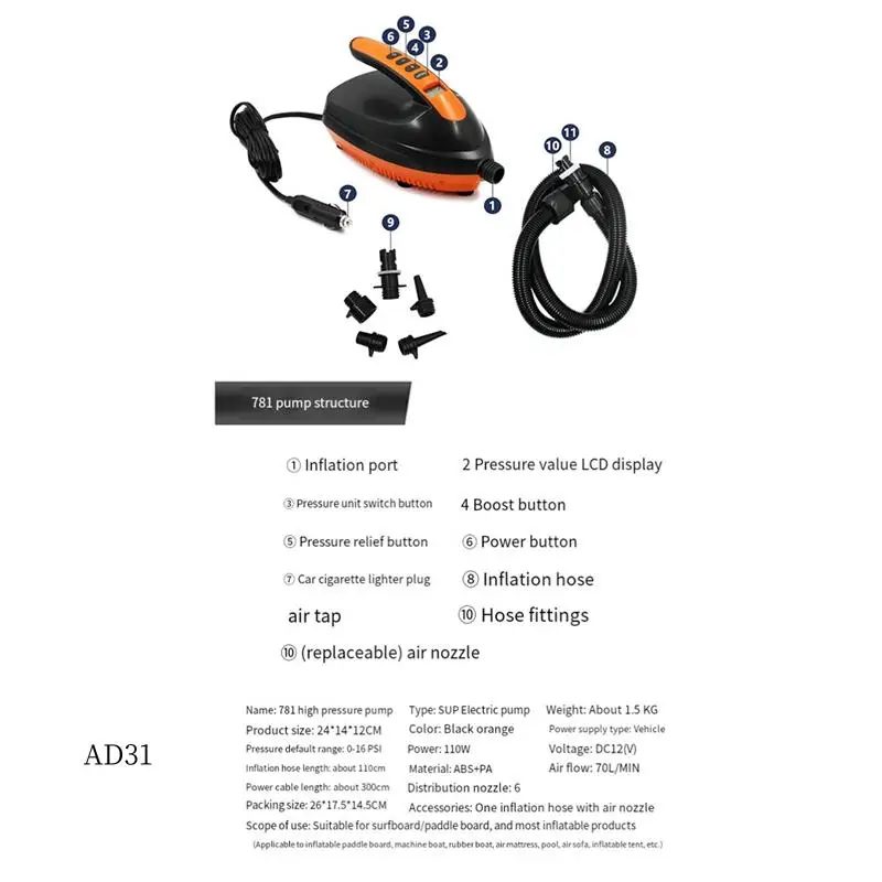 

New-Paddle Electric Inflator 12V Vehicle High-Pressure Pump Surfboard Kayak Boat Inflatable Tent Inflation.