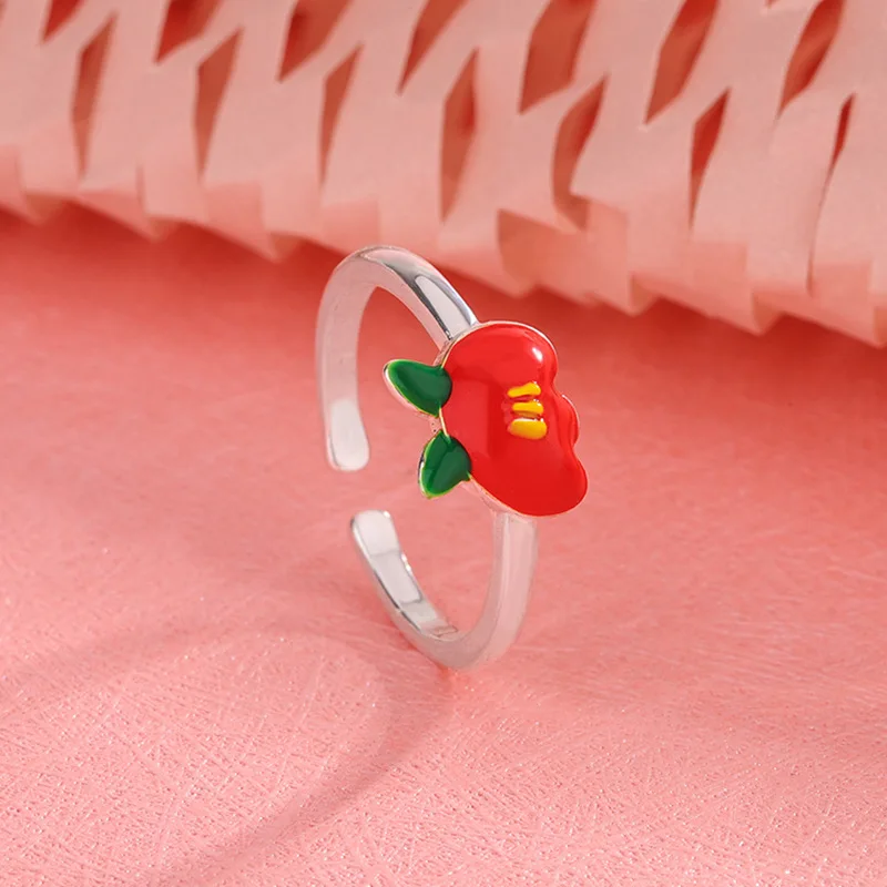 Fashion Drip Glue Red Apple 925 Sterling Slilver Personality Sweet Fruit Opening Rings R248