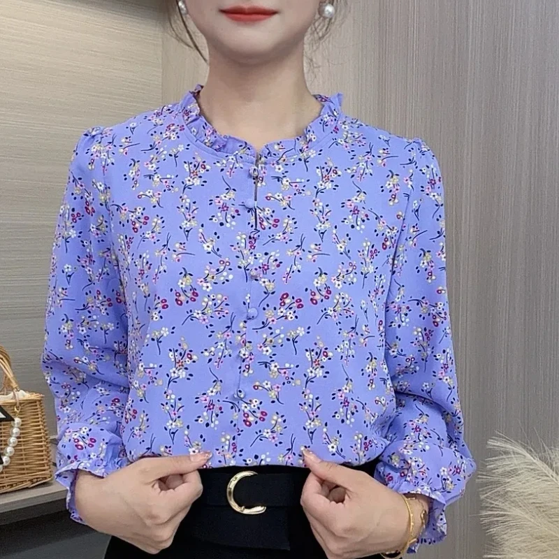 Spring Autumn Fashion Printing V-neck Long Sleeve Blouses Women\'s Clothing Edible Tree Fungus Floral Button Loose Simplicity Top