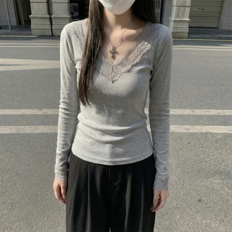 2026 Herbst Winter Damen T-Shirt V-Ausschnitt Spitzen-Top Weich Hautfreundlich Fleece-Gefüttert Langarm Thermo-T-Shirt für Layering – Detail 11
