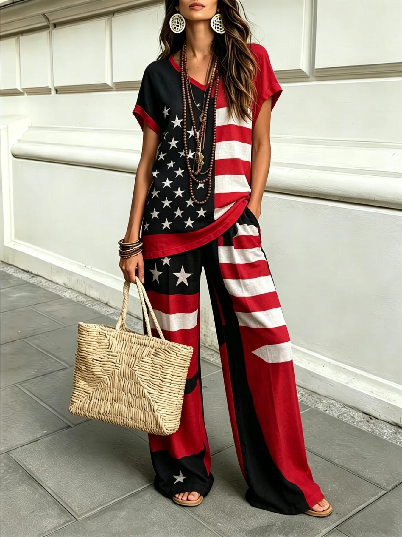 

Women American Flag Print 2 Piece Outfit Short Sleeve V Neck Loose Top Wide Leg Pants Set Casual Summer Tracksuit Daily Wear