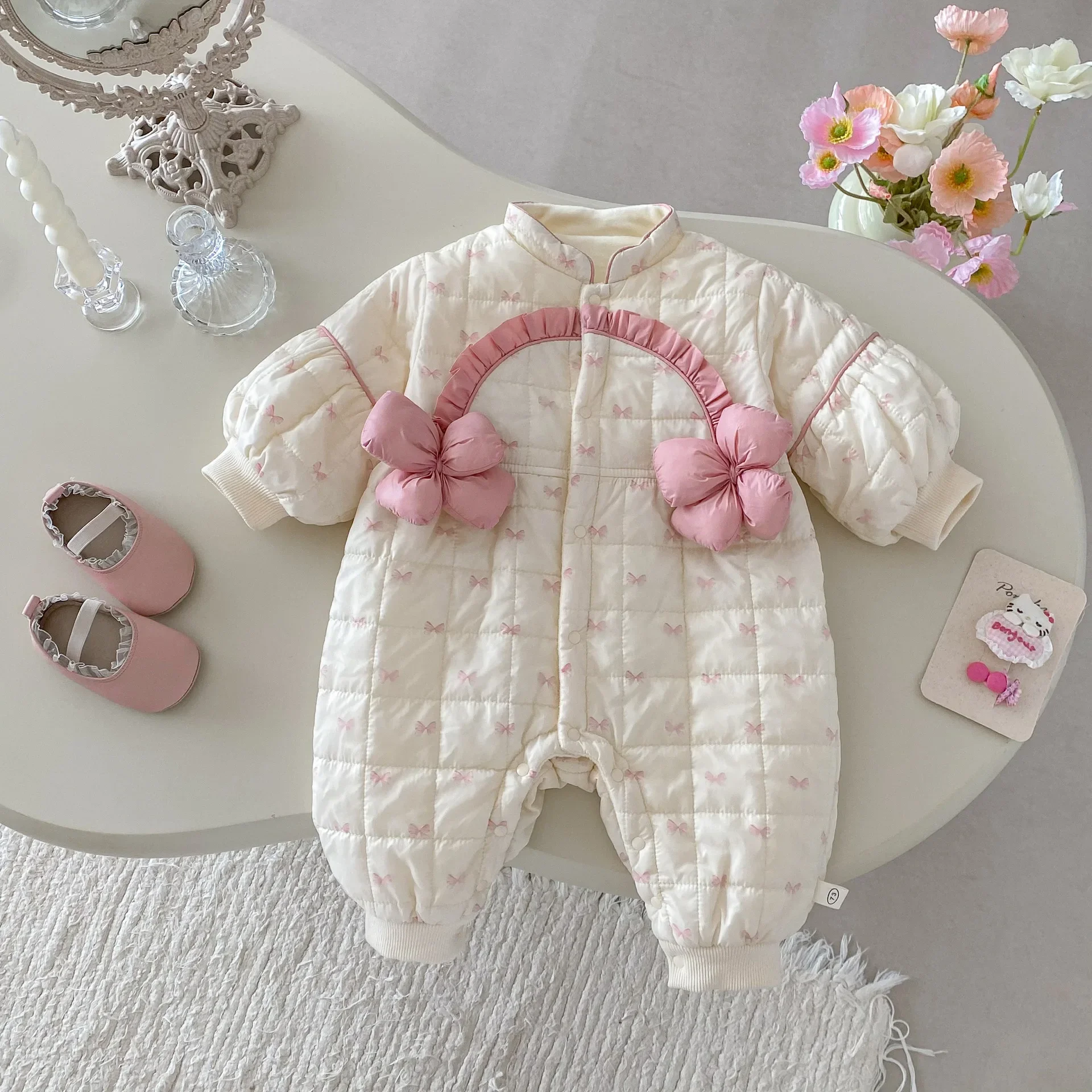 

Милый комбинезон с бантом для маленьких девочек, стеганый комбинезон для новорожденных на флисовой подкладке, теплая зимняя абрикосовая одежда для младенцев от 0 до 2 лет