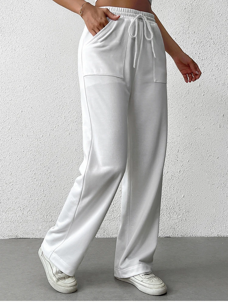 NewAsia 2025 Solidne spodnie proste ze sznurkiem, codzienne, z elastyczną talią, sznurowane, z kieszeniami ukośnymi, na wiosnę i jesień, odzież damska