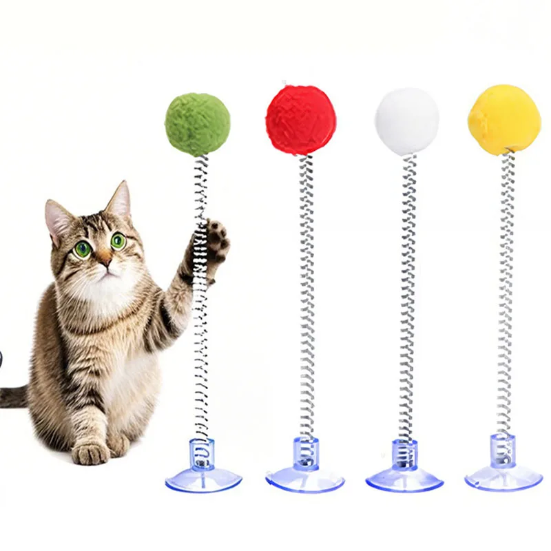 Spring Plush Ball with Suction Cup Cat Toy Scratcher Teaser Pet Interactive Toys Pet Cat Play Supplies Indoor Colorful Random