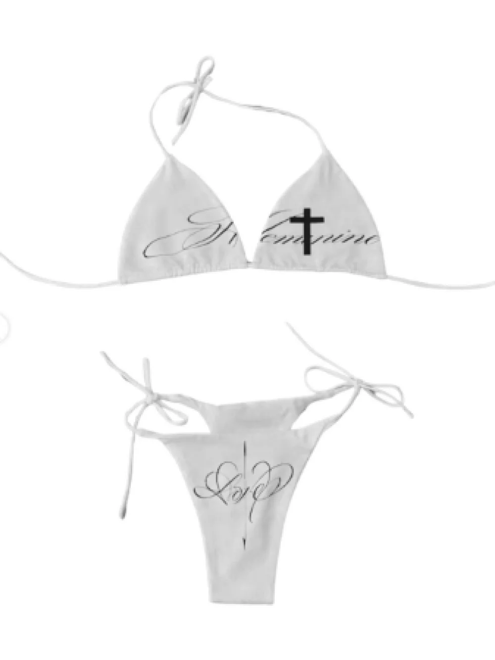 

2026 New Summer American Sweet Cool Style Cross Handwritten Printed Bikini Low Waist thong Hanging Neck Strap Trendy Hot Girl