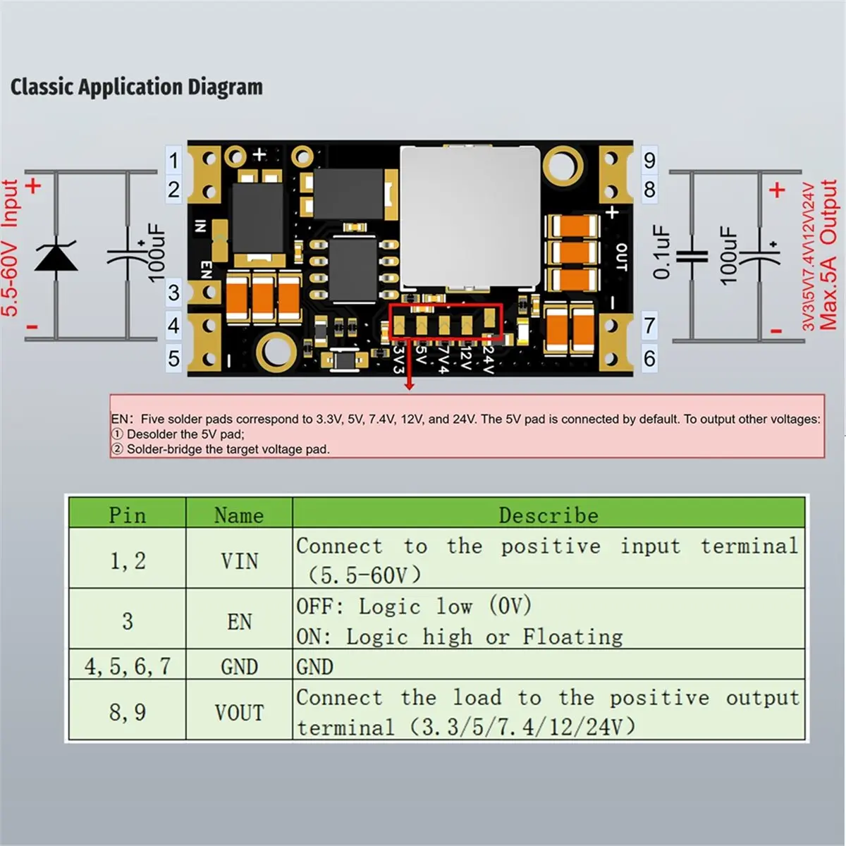 AAAE  Step-Down Power Module DC/DC Power Module 60V Max Input 3.3/5/7.4/12/24V Output 5A Max Current TPS54560