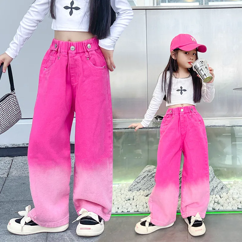 

3-14Y Spring Autumn Girls Jeans Teen-agers Fashion Gradient Color Long Style Trousers For Kids Denim Wide Leg Pants