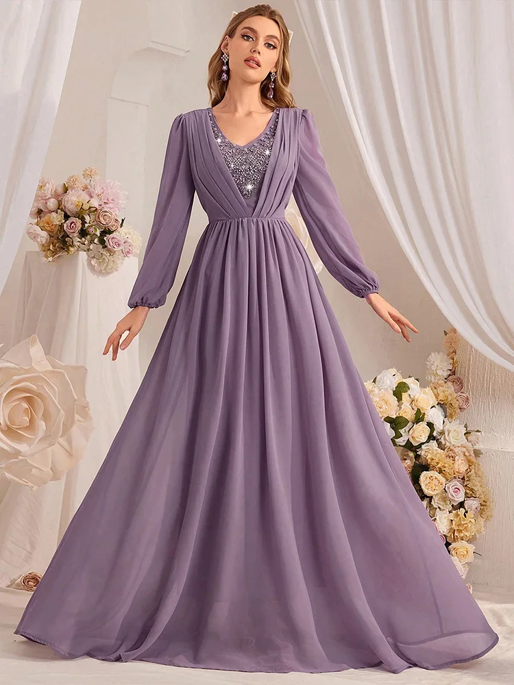 A61 Pearl chiffon dress fashionable beaded lantern sleeve evening dress