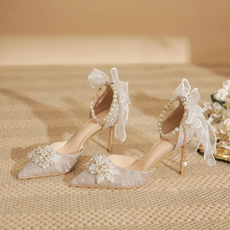 Size 31-43 Silver High Heels Women's Stiletto Pearls Bow Rhinestone Bridal Wedding Shoes Gold Heels