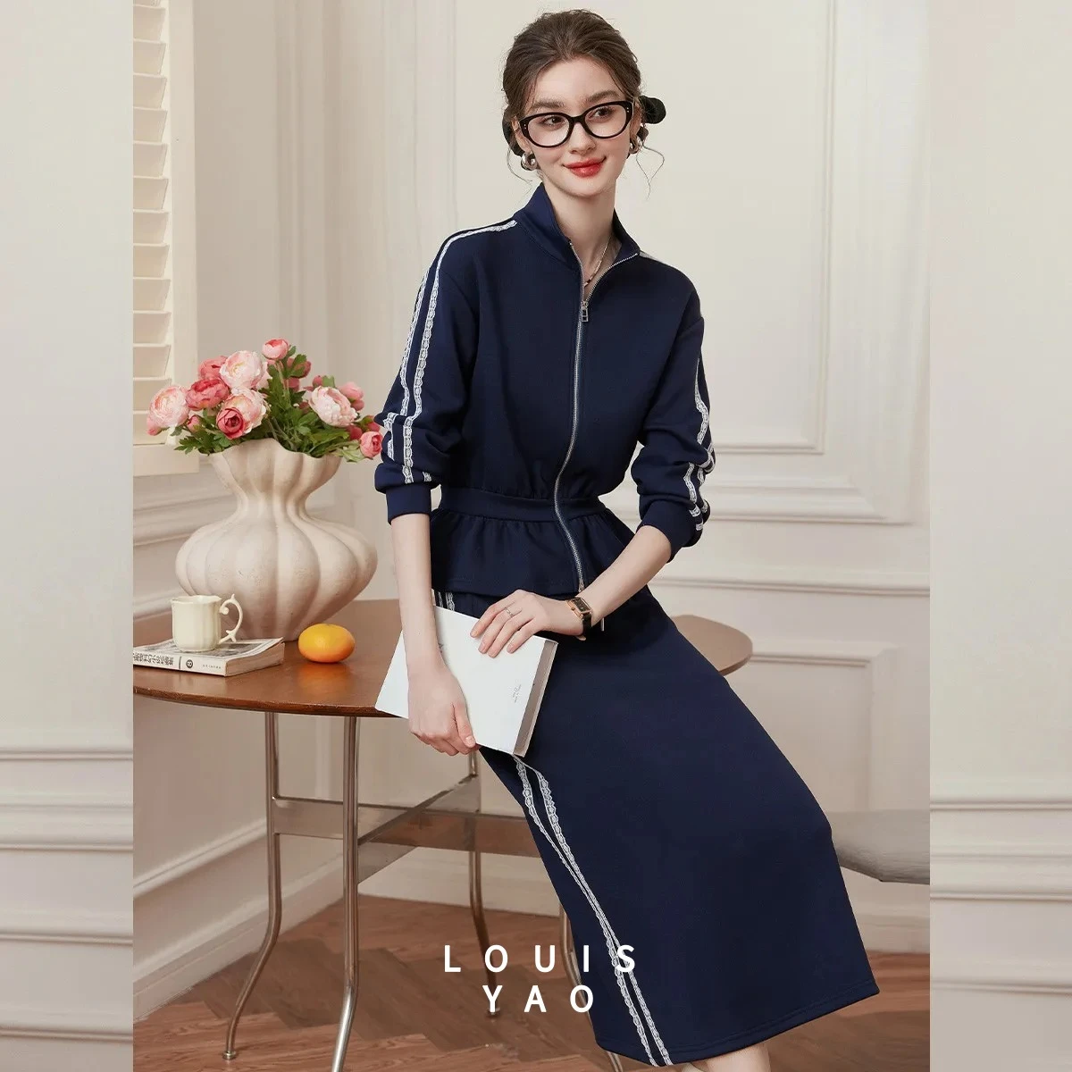 

LOUISYAO 2026 Spring Women Striped 2 Piece Set Ruffled Waist Coat Midi Skirt Casual Matching Outfit for Dating
