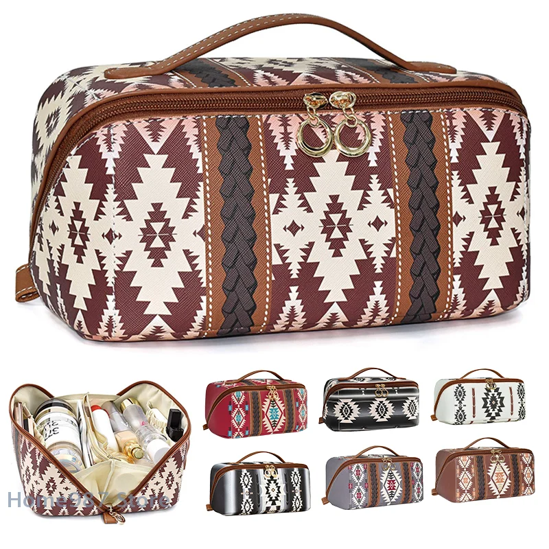 

New Luxury Cube Cosmetic Bag Zipper Western Aztec Travel Makeup Bag Waterproof Leather Makeup Pouch Large Capacity