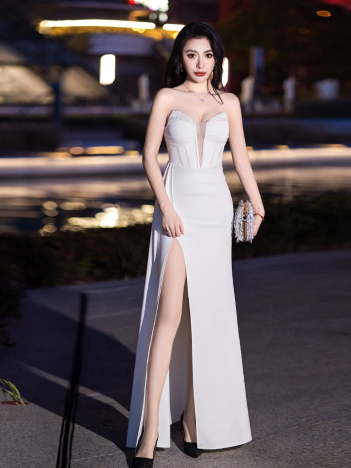 

Ele White Evening Gown Women's Birthday Par Fi Tail Strapl Luxury Slit Slimming Long Dr Korean Sle Knitted Fa...