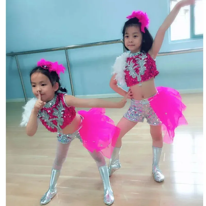 เด็กสาวสีชมพูร้อน Silver Sequins Glitter JAZZ Hip Hop เครื่องแต่งกายเสื้อกั๊กกางเกงกระโปรงรองเท้าสําหรับเด็ก MN1