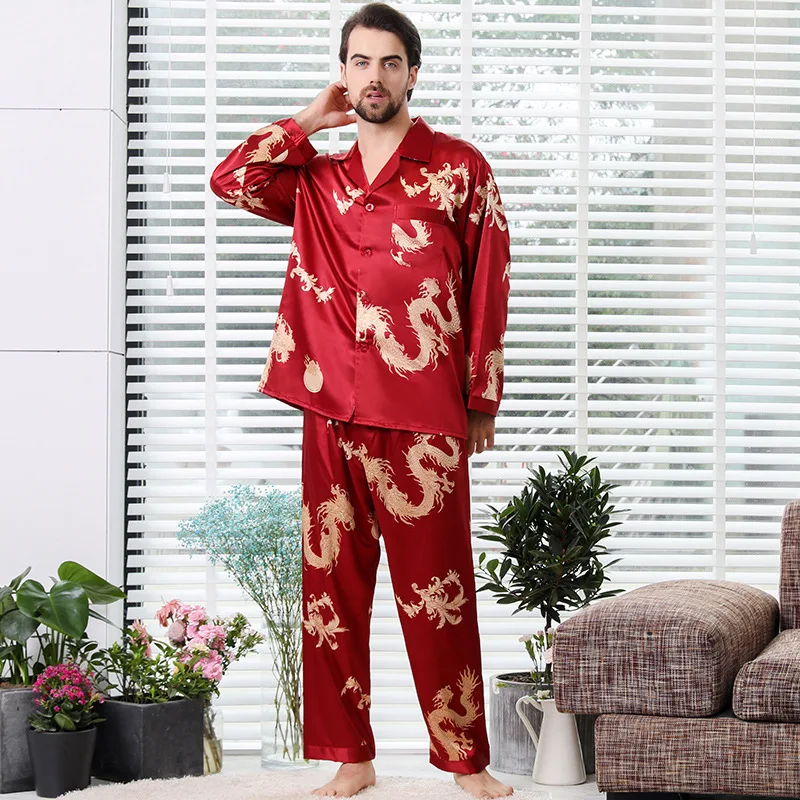 Chinese style Couple Thin Long Sleeve Nightgown Print Silk Satin Pajamas for Men Sleepwear Mens Pajama Set and Women Pajamas Set