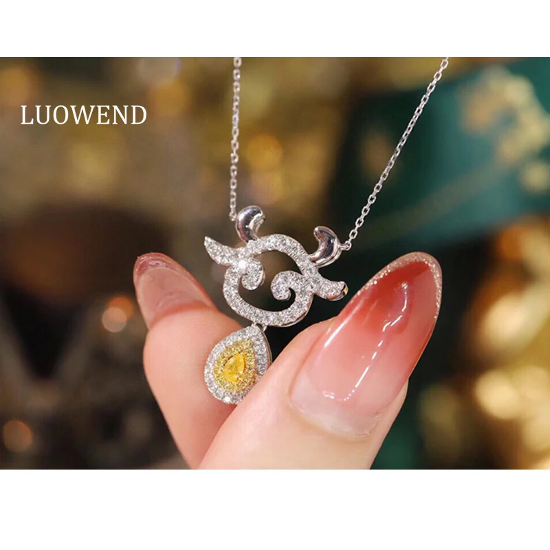 

LUOWEND 18K White Gold Necklace Cute Lamb Shape 0.70carat Real Natural Yellow Diamond Pendant Necklace for Women Birthday Gift