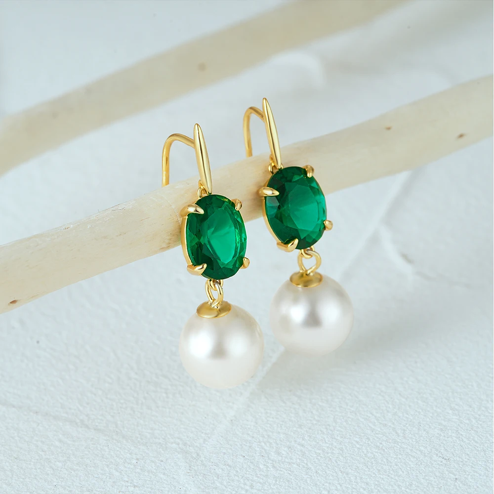 CANNER  925 Sterling Silver Emerald Pearl Drop  Earrings For Women Zircon 18K Gold Fine Jewelry Party Gifts Classic Pendientes