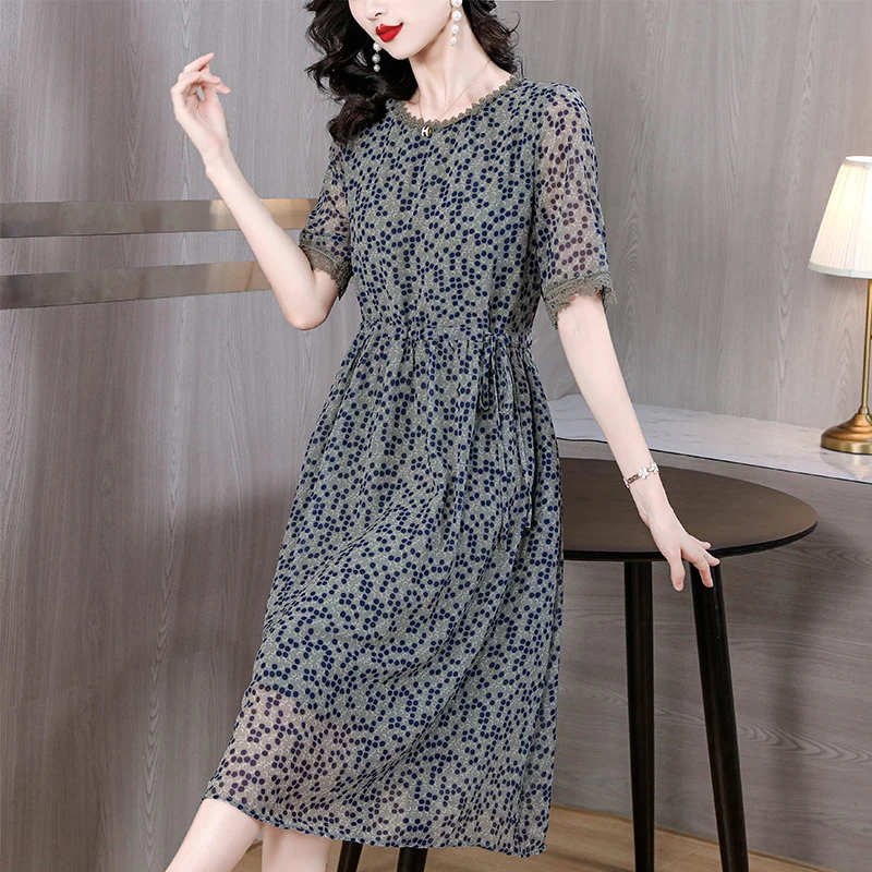 2023 Women's Dress Silk Printed O-Neck Short Sleeve Long Dress Summer New Loose Size Large Lace Panel Waist Shrinking Long Dress