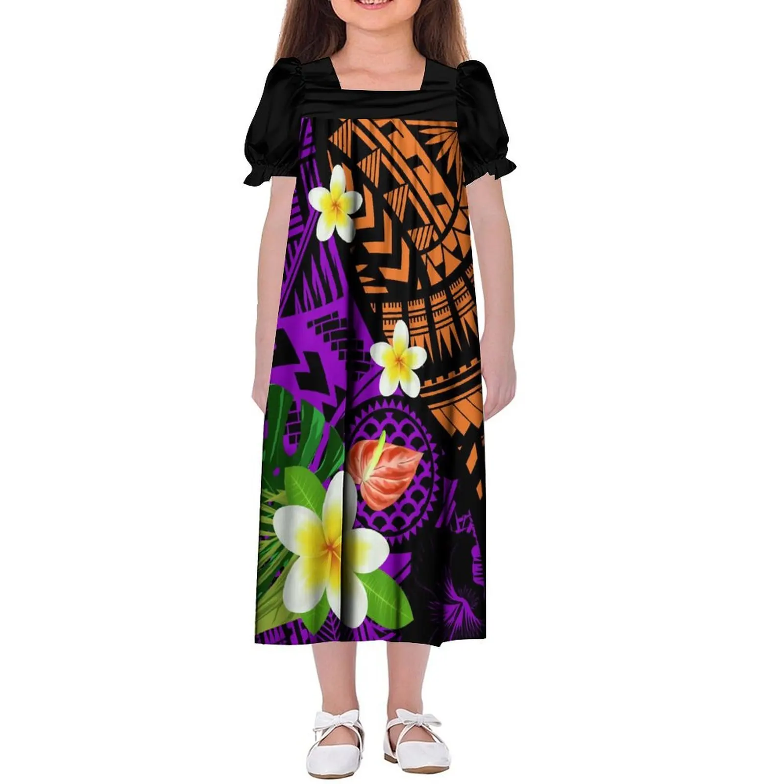 2024 Pacific Island Clothing Custom Mumu Girls Dress Samoa Club Kids Puff-Sleeve Dress Muumuu Mini Dress