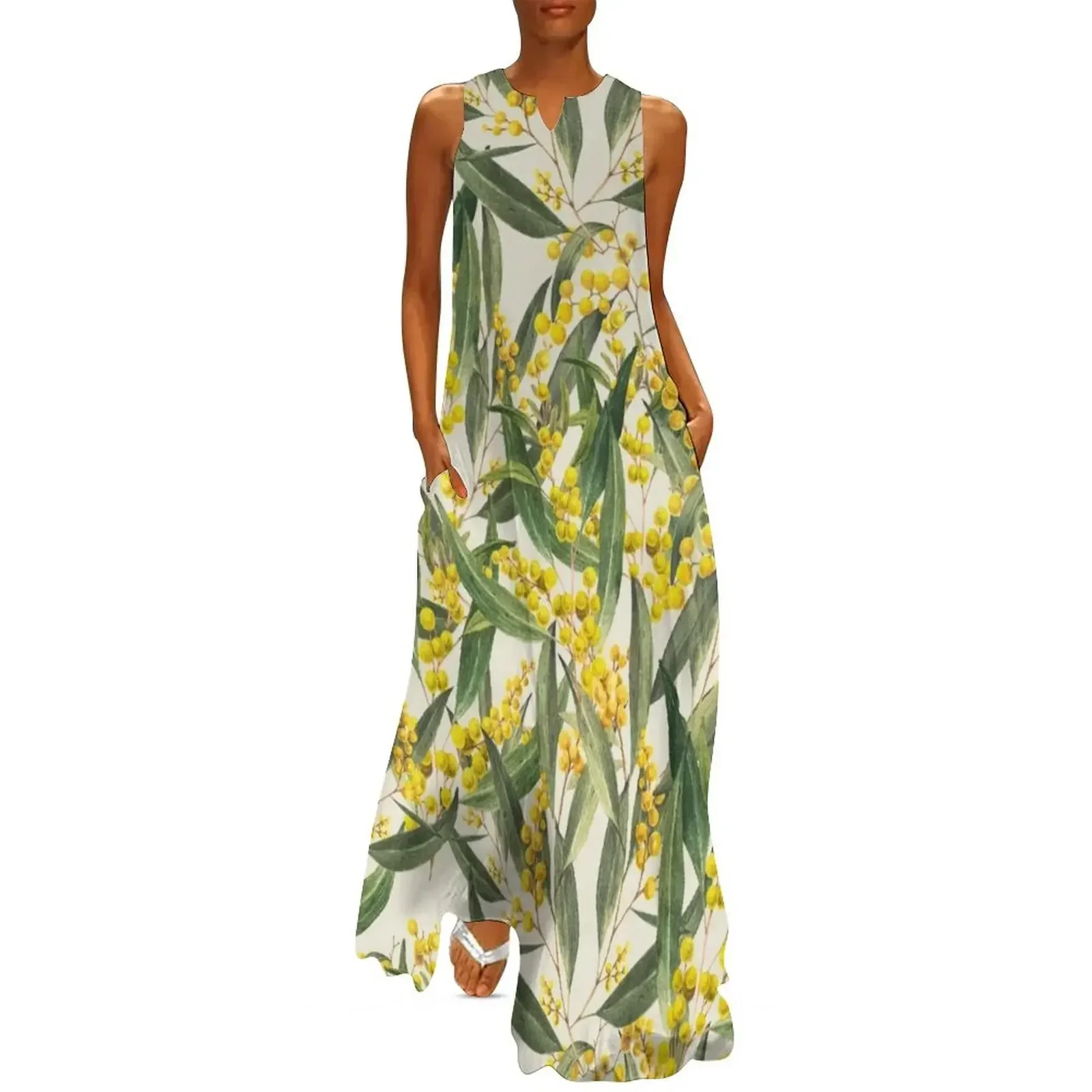 

australian wattle flower pattern Long Dress dress party night Woman clothes Clothing female Dress