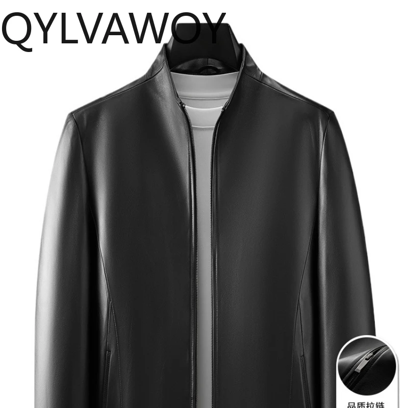 

QYLVAWOY Autumn Winter Real Sheepskin Men's Leather Jacket Short-Style Business Outerwear Top for Middle-Aged Adults LJ2669