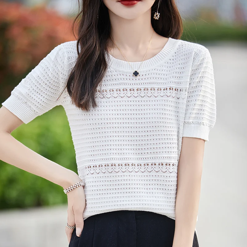 Women\'s T-shirt Summer 100% Cotton Sweater Short Sleeve Fashion Knitted Round Neck Ladies Tops Loose Blouse Pullover Hollow Tees