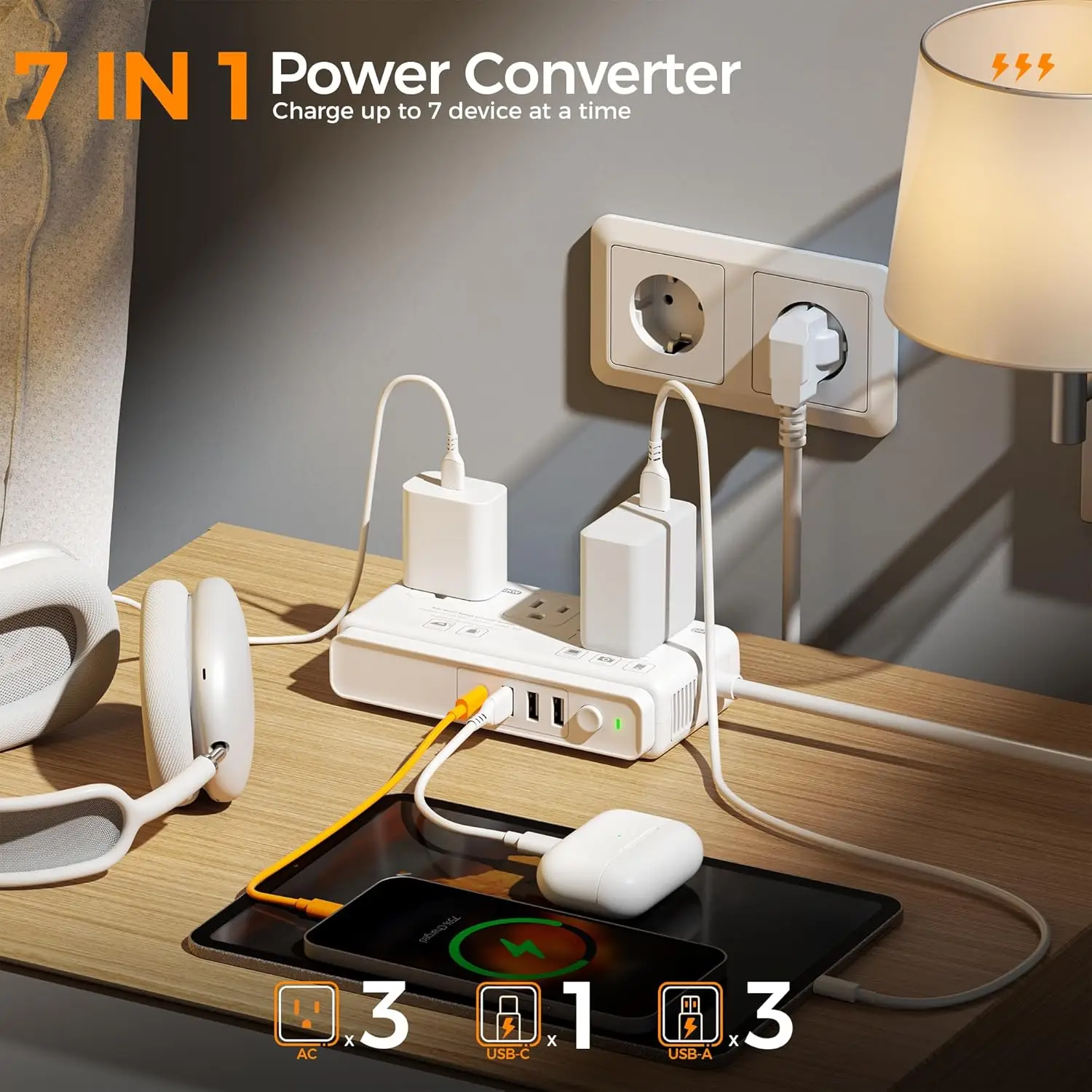 Adaptador de viagem 220V para 110V com 4 portas USB, soquetes AC, plugues UE/Reino Unido/AU/IT - Conversor de tensão universal para uso internacional