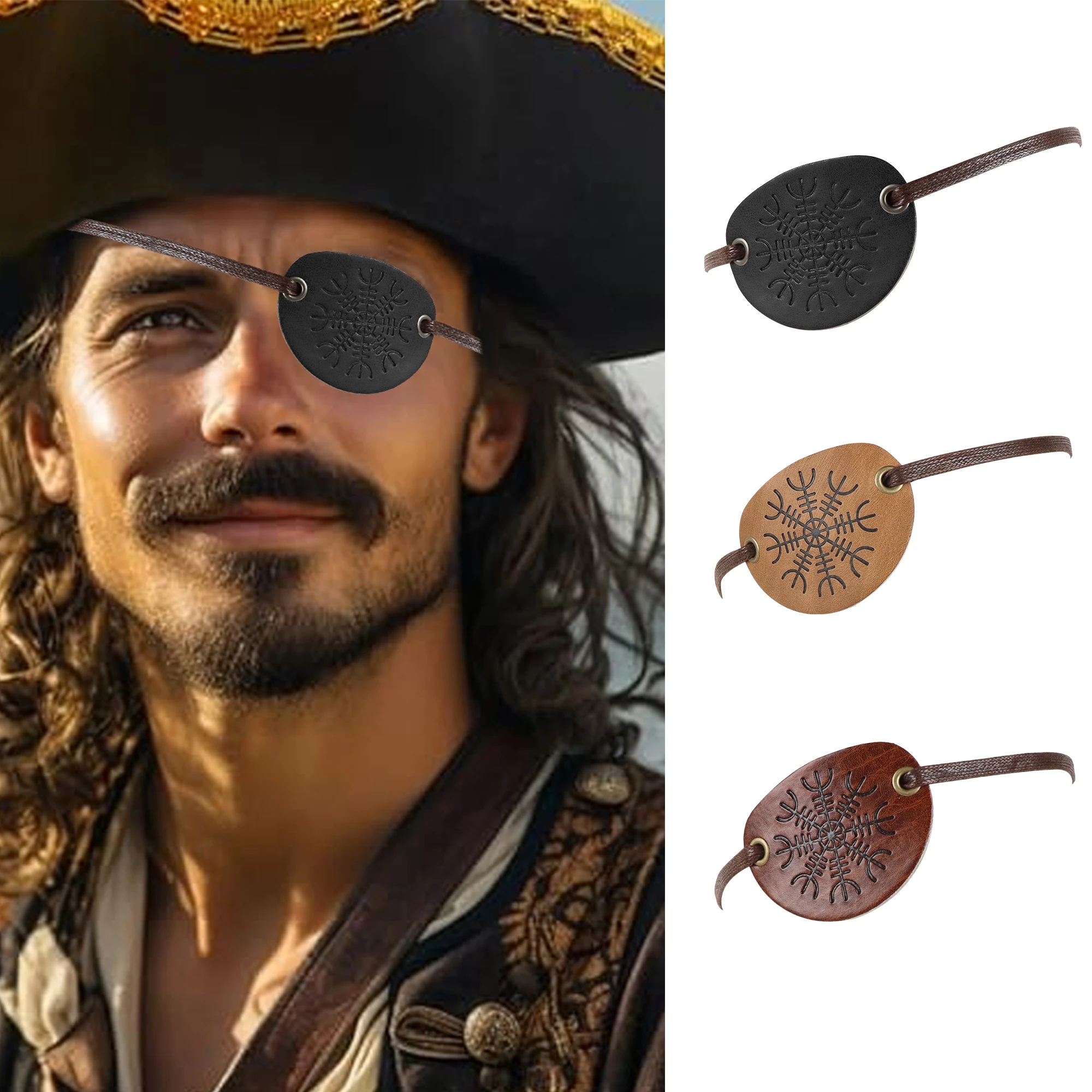 Medieval Men\'s Retro Viking Mask One-Eyed Eye Patch Celtic PU Leather to Head Ornaments Role Playing Props Accessories