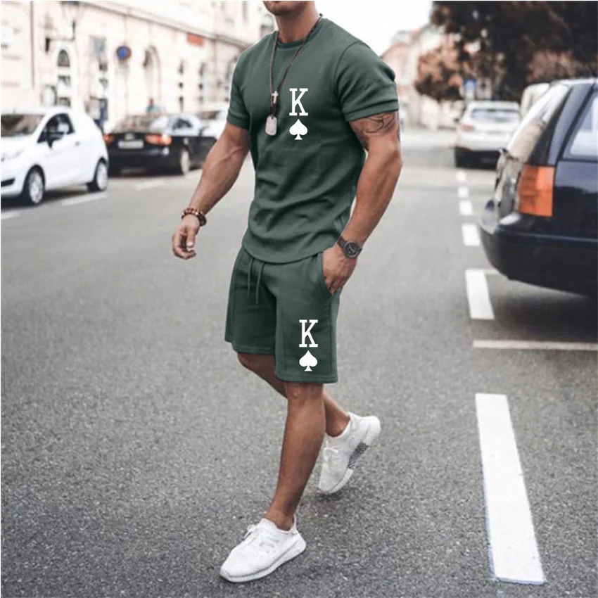 2024 Nowy letni garnitur męski Casual Fashion Printed T-Shirt + Beach Shorts Suit Męska koszulka z dekoltem 2-częściowa azjatycka odzież y2k