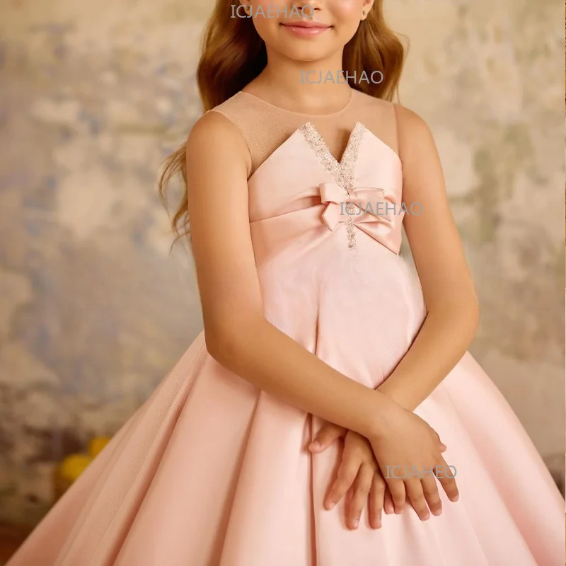 2026 Pink Sleeveless Girls Birthday Ball Party Dress Performance Long Gown Costume Elegant Fashion Kids Formal New Children