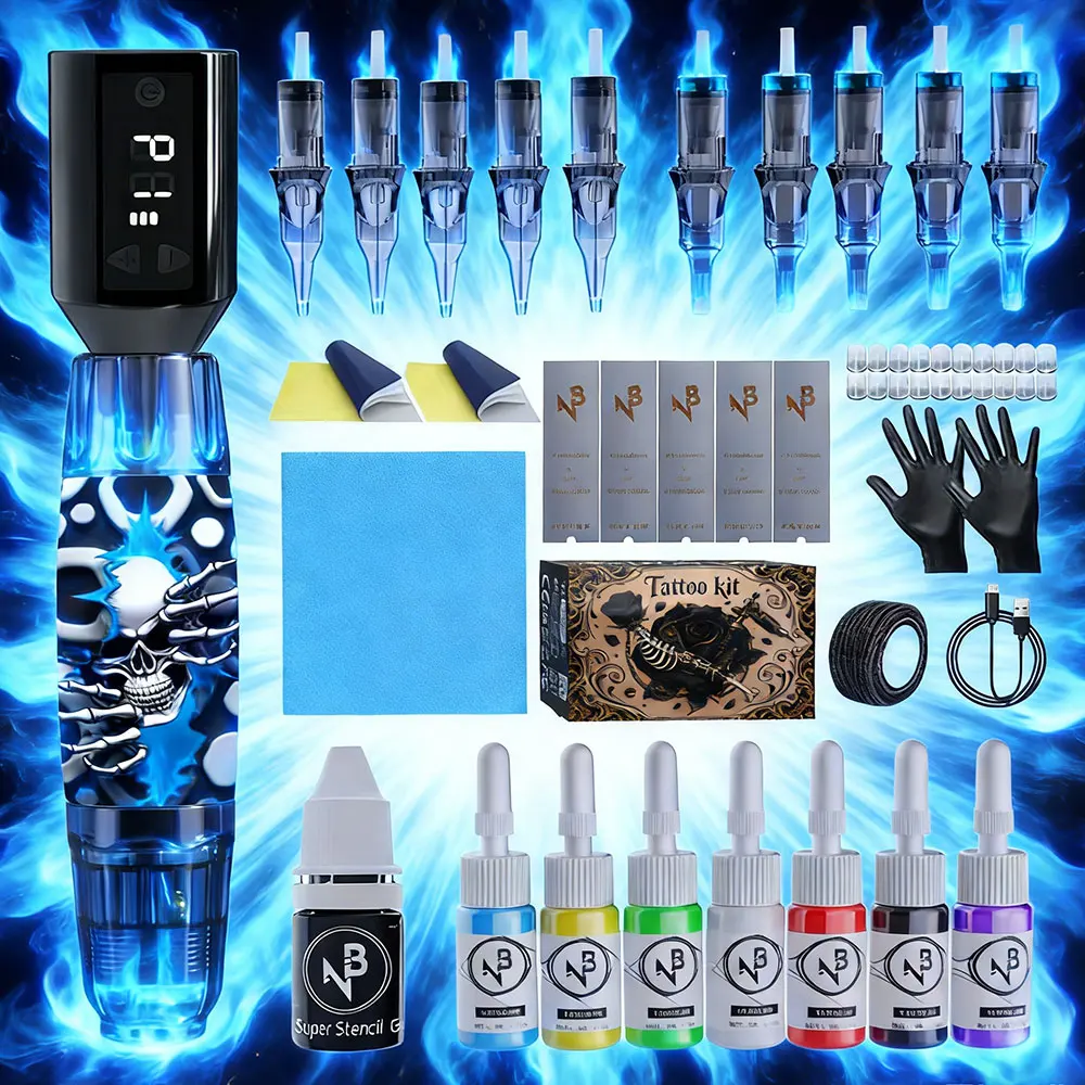 

Complete Tattoo Kit, Wireless Tattoo Machine Kit, Tattoo Gun Kit with 1500Mah Tattoo Power Supply, 10 Tattoo Needles and 7 Bottles of Tattoo Ink and Other Tattoo Accessories, Complete Tattoo Kit Suitable for Beginners