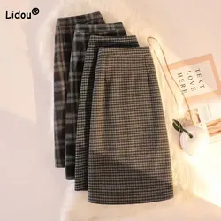 Korean All-match High Waist Vintage Plaid Split Skirt 2023 Fashion Slim Elastic Bag Hip Skirts Autumn Winter Women's Clothing