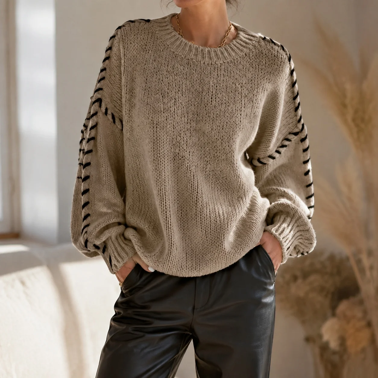 Casual Pullover Sweater with Regular Fit Japanese Korean Casual Long Sleeve Crew Neck Heat Set Autumn Single Women Sweater