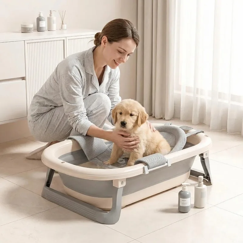 

dog toy Foldable Pet Bath Tub, Collapsible Dog Bathing Tub for Cats, Portable Anti-Escape Grooming Bathtub Drain for Small/Medi