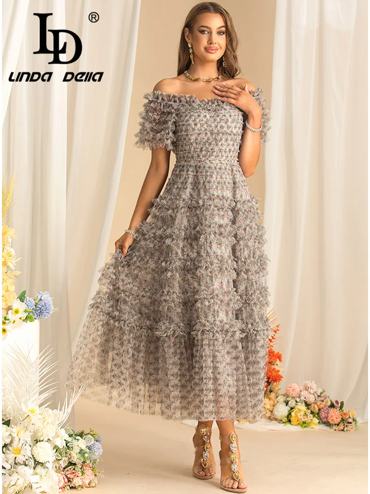 LD LINDA DELLA Bohemian Holiday Party Dress Short Sleeved Square-Neck Fashion Edible Tree Fungus Edge large swing Dresses