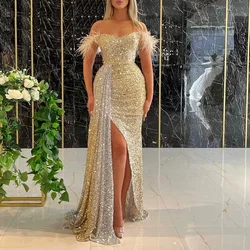 2024 Luxury Floor Length Dresses for Women Wedding Party Clothes Split Strapless Sequins Long Evening Gowns Female Gold