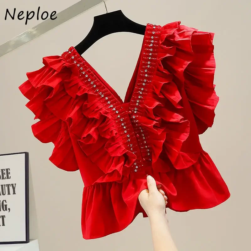 Neploe Pleated Rhinestone New Blusas V-neck Layered Ruffled Flying Sleeve Slim Waist Shirts Women's Spring French Style Blouses