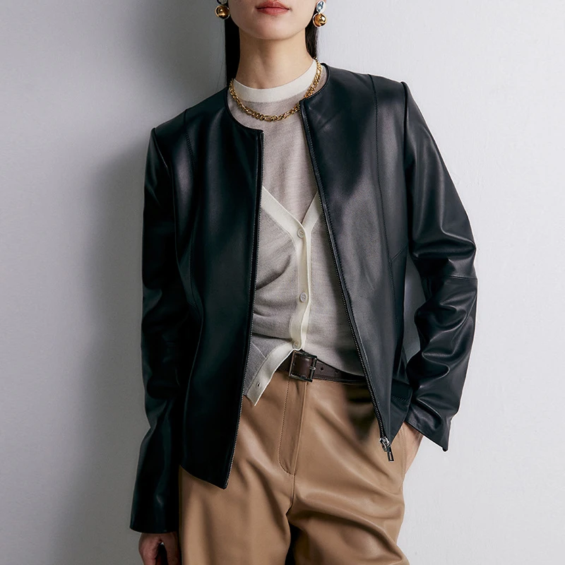 

Chic Office Ladies Real Leather Jacket Coat 2026 Autumn Casual O-neck Zipper Women Slim Waist Long Sleeve Sheepskin Jacket