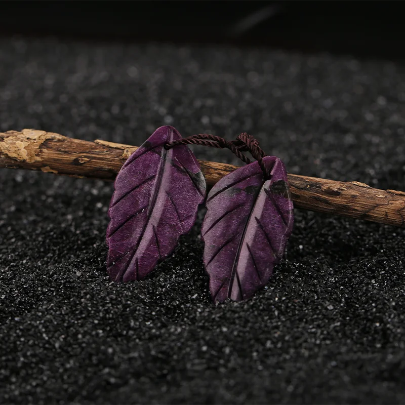 Handmade Jewelry Atlantisite Purple Stone  Carved Leaf Earring Bead,Natural Stone Earrings Accessories For Women 33x15x3mm 6.8gg