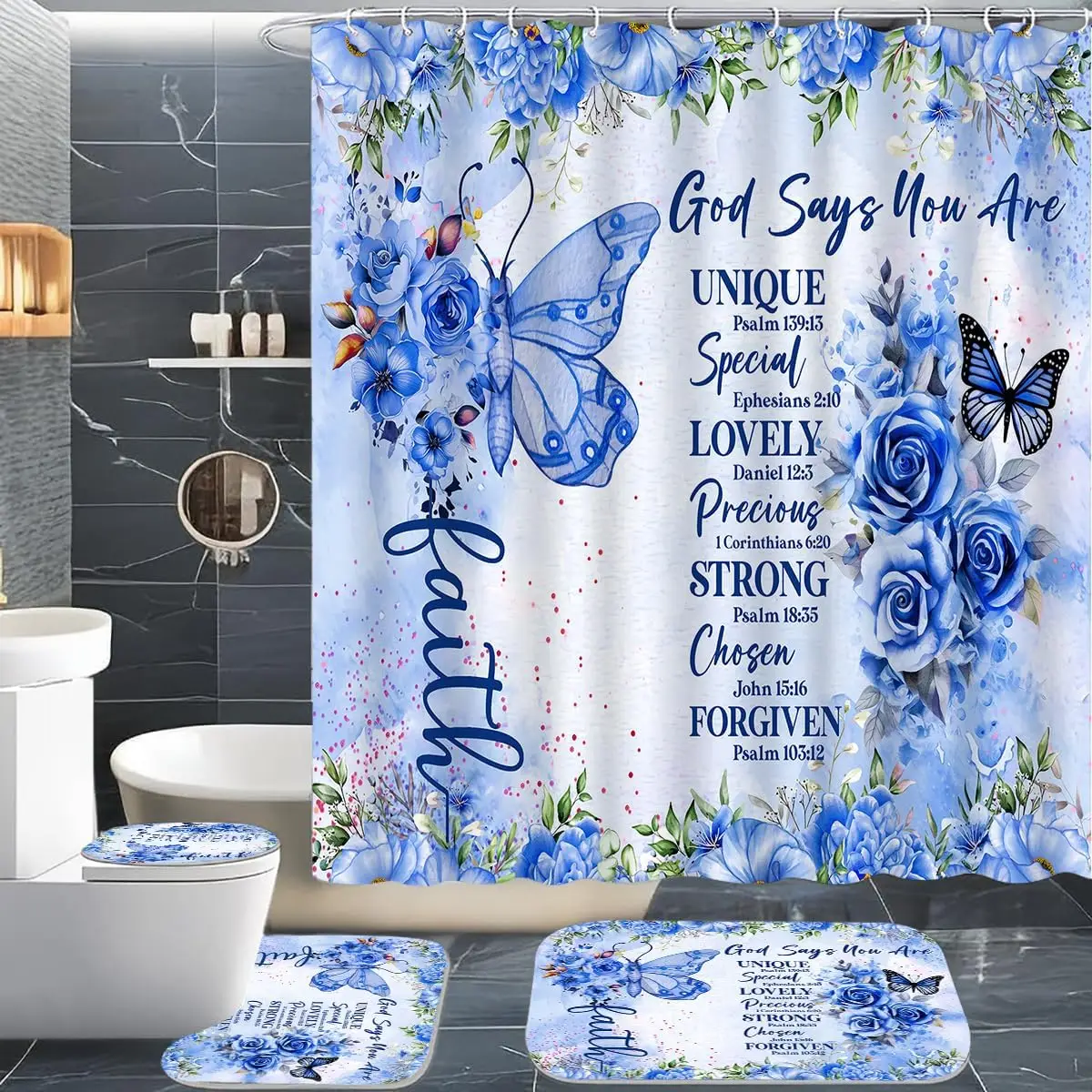

4 шт., набор занавесок для душа с синими бабочками и вдохновляющими цитатами, ковриком для крышки унитаза и ковриком для ванной, красочной занавеской для душа в стиле бохо