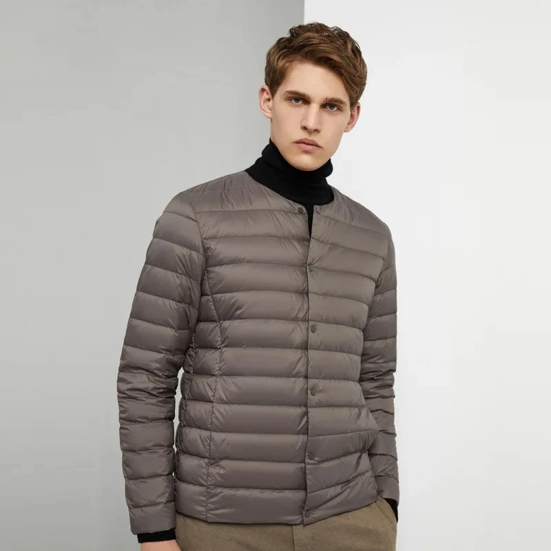 Chaqueta de plumón con forro para hombre, abrigo ligero y plegable con cuello redondo, cuello en V variable, nuevo estilo, invierno, 2023