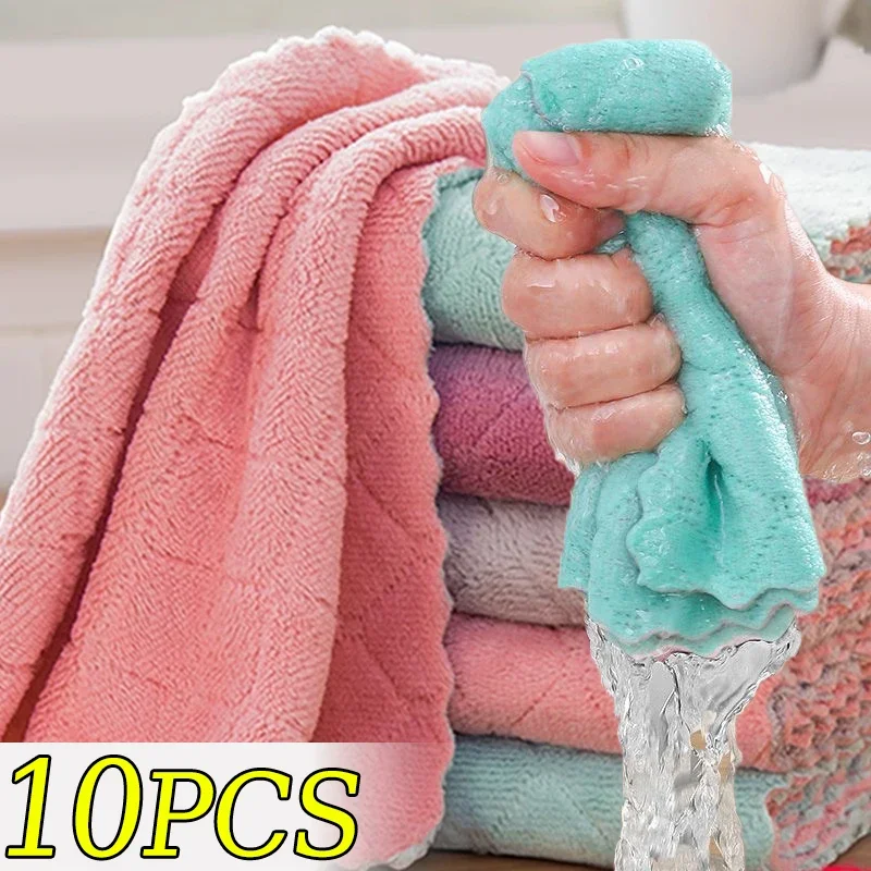 10/5pcs Microfiber Towels Double-layer Absorbent Kitchen Cleaning Cloth Non-stick Oil Dish Rags Scouring Pad Home Clean Cloths