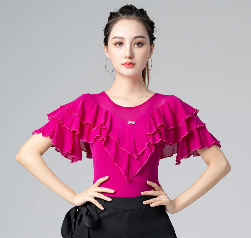 

2024 Women Modern Ballroom Dance Costume Ruffled Shoulder Collar Latin Top Lady Sexy V-neck Mesh Fabric Girls Dancewear