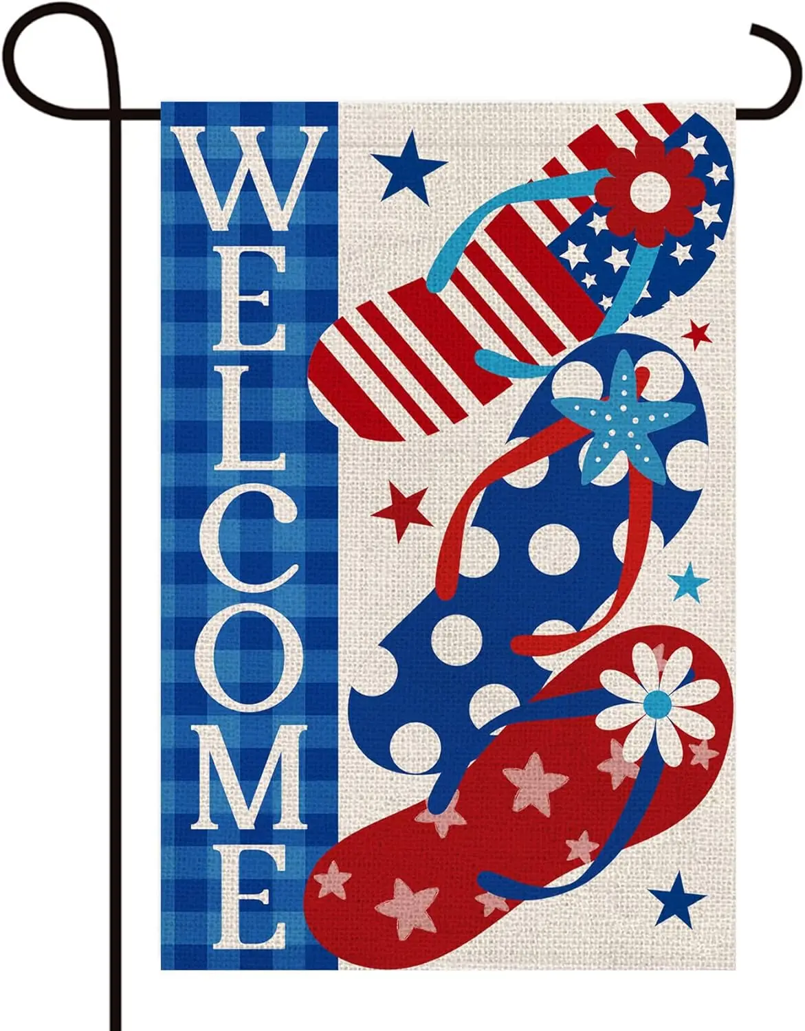 Texupday Welcome USA Patriotic Stars and Stripes Flip Flops Summer Decoration Double Sided Burlap Garden Flag Rustic America Ind